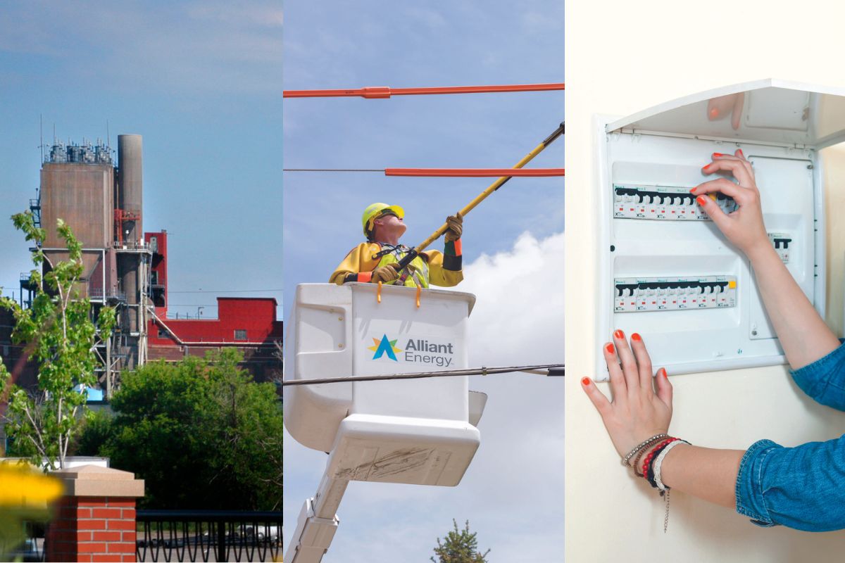 Three images side by side. The image on the left is of a fossil fuel generation facility. The image in the middle is of a line worker in the bucket of a bucket truck fixing a distribution wire. The image on the right is of a circuit breaker.